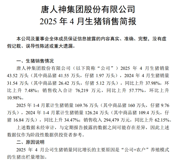 大北农、中粮和唐人神2025年4月及前4月生猪销售情况