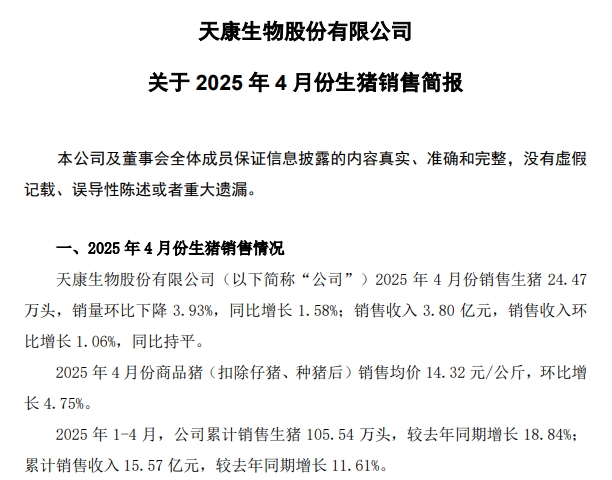 天康、巨星和神农2025年4月及前4月生猪销售情况