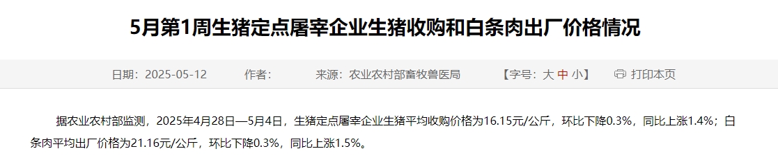农业农村部：生猪收购价和白条肉出厂价止涨下跌——5月第1周生猪定点屠宰企业生猪收购和白条肉出厂价格情况