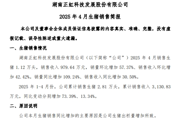 华统、兴疆牧歌、正虹和益生2025年4月及前4月生猪销售情况