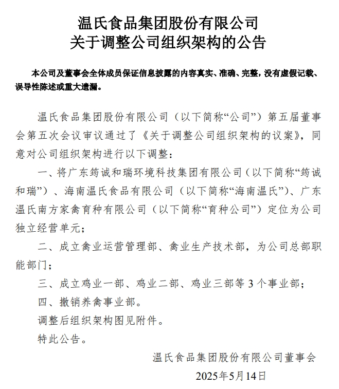 温氏股份组织架构大调整：撤销养禽事业部，设立三大鸡业部，意欲何为？