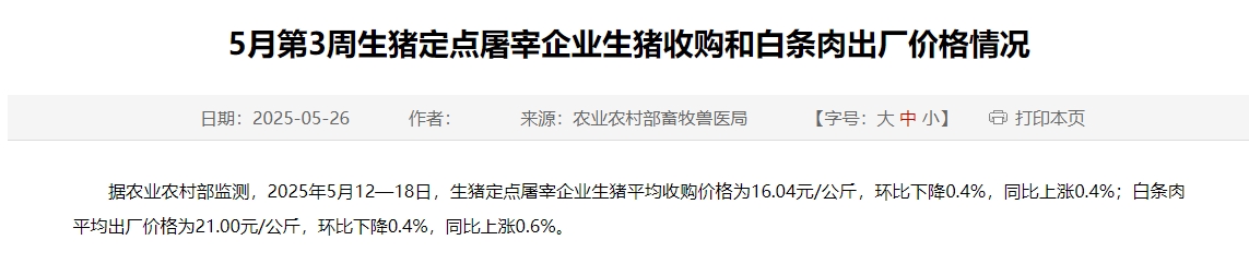 农业农村部：生猪收购价和白条肉出厂价连续3周下跌，跌至近1年最低——5月第3周生猪定点屠宰企业生猪收购和白条肉出厂价格情况