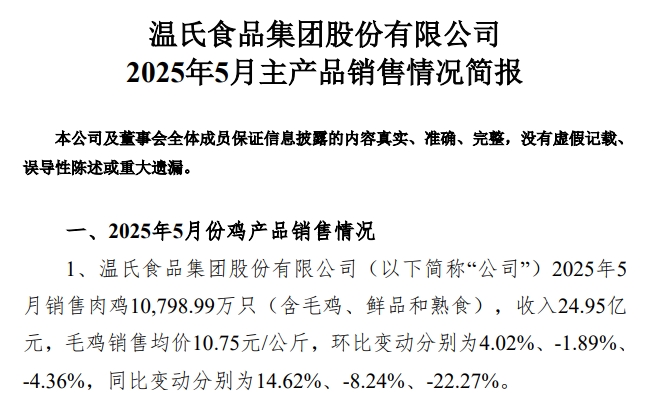 温氏、立华、德康和湘佳2025年5月及前5月肉鸡销售情况