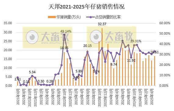 新希望、大北农、天邦和唐人神2025年5月及前5月生猪销售情况