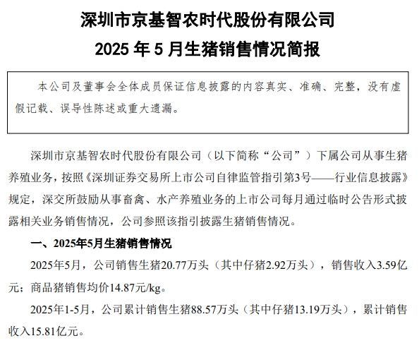 巨星、神农、京基和立华2025年5月及前5月生猪销售情况——5月销量增减有之，但前5月累计均增长