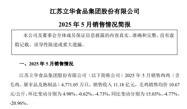 温氏、立华、德康和湘佳2025年5月及前5月肉鸡销售情况