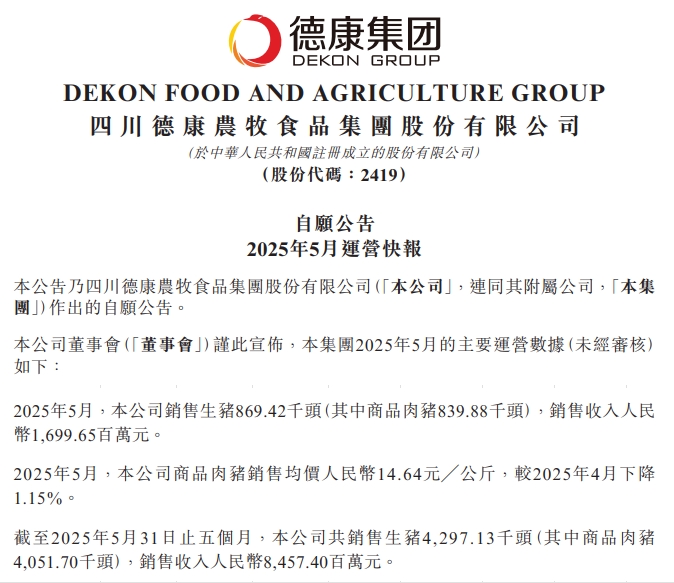 德康、正邦、中粮和天康2025年5月及前5月生猪销售情况