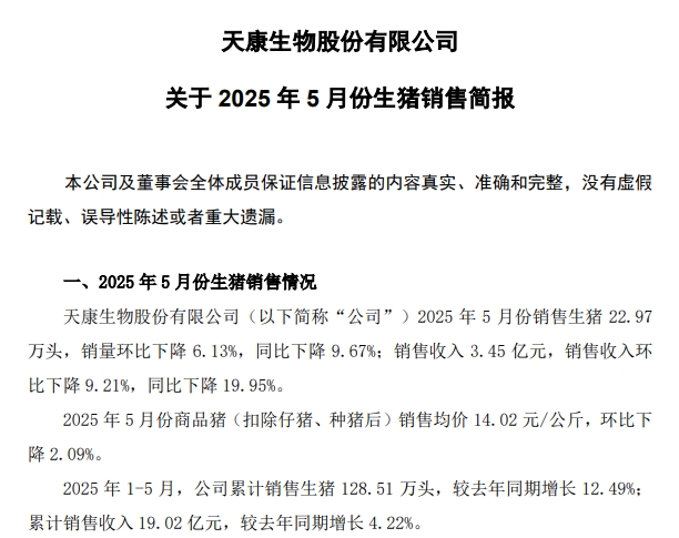 德康、正邦、中粮和天康2025年5月及前5月生猪销售情况