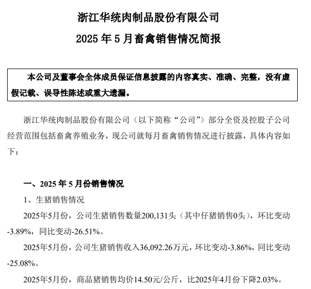 华统、兴疆牧歌、正虹和益生2025年5月及前5月生猪销售情况
