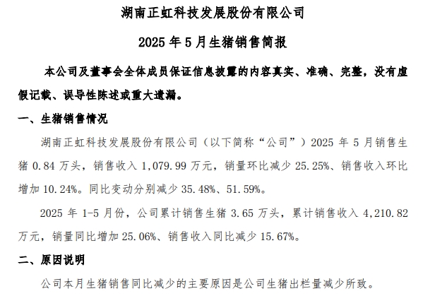 华统、兴疆牧歌、正虹和益生2025年5月及前5月生猪销售情况