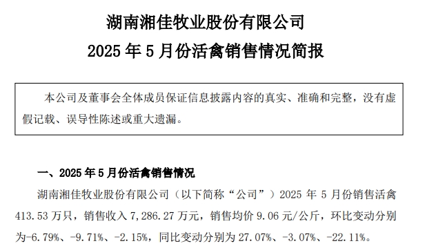 温氏、立华、德康和湘佳2025年5月及前5月肉鸡销售情况