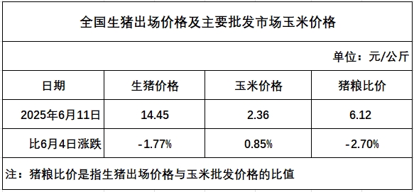发改委发布2025年6月第2周全国猪粮比及猪价分析预测