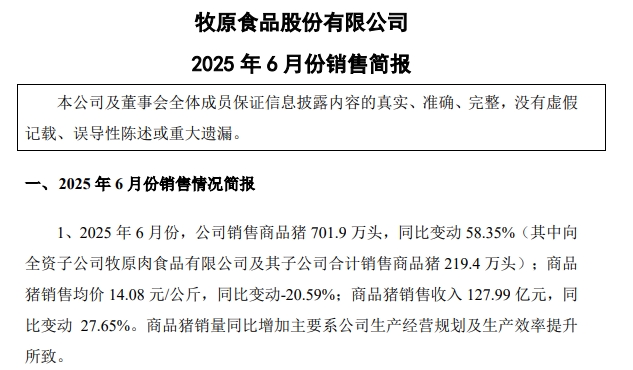 牧原上半年净利最高107亿元增长近12倍，生猪销量4691万头增45%，其中仔猪销量超800万头，能繁母猪存栏量继续下降