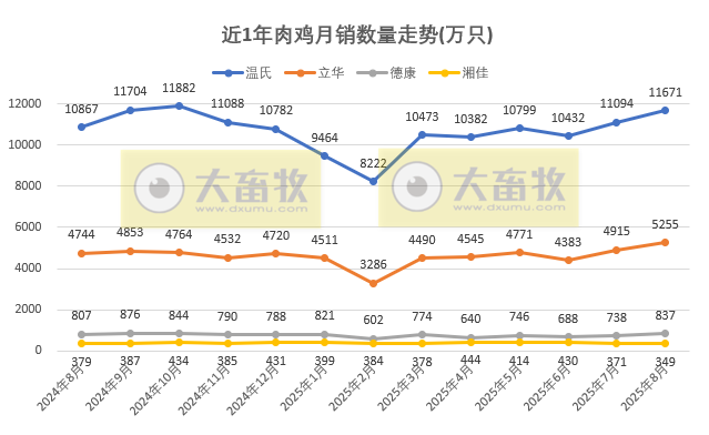 9家上市家禽企业2025年8月及前8月肉鸡和鸡苗销售情况PK