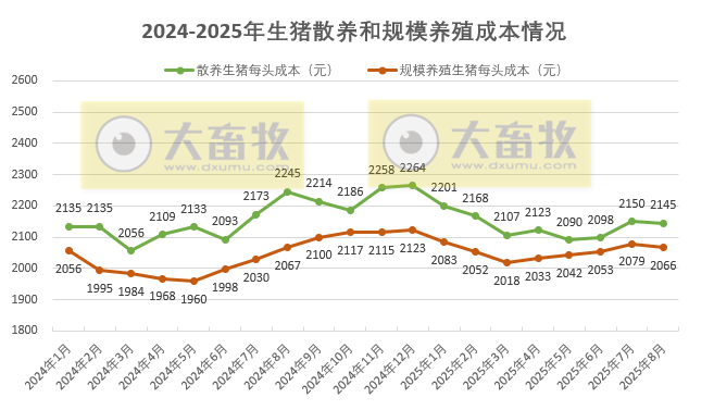 散养头均亏损109元,规模养猪亏损57元——2025年8月全国散养和规模养殖生猪成本收益情况