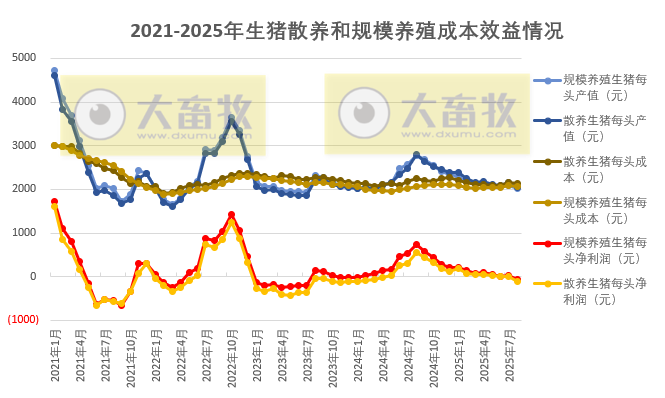散养头均亏损109元,规模养猪亏损57元——2025年8月全国散养和规模养殖生猪成本收益情况