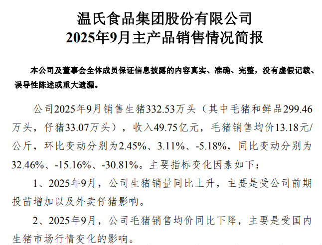 温氏9月生猪肉鸡销量双双创历史新高，肉鸡单月销量首次突破1.2亿只