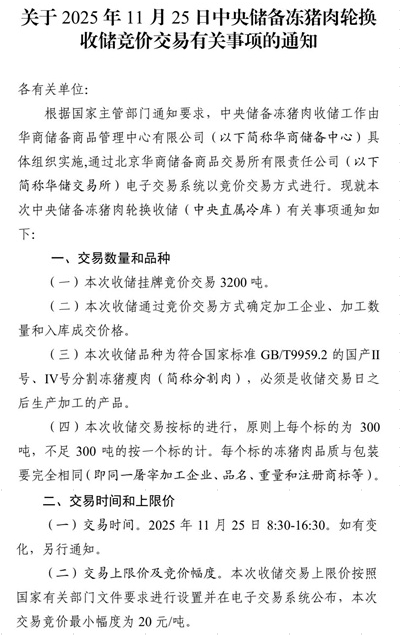 2025年11月中央储备冻猪肉的收储和投放情况