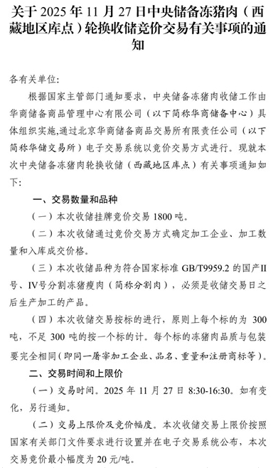 2025年11月中央储备冻猪肉的收储和投放情况