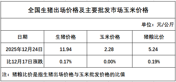 发改委发布2025年12月第4周猪粮比及猪价情况，生猪养殖头均亏损260元