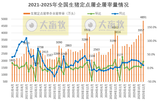 2025年12月及年度全国生猪定点屠宰企业的屠宰量情况