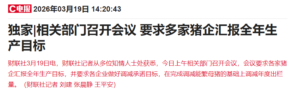 2026.03.20今天猪价行情分析参考，猪价再次创新低，相关部门召开会议要求多家猪企汇报全年生产目标