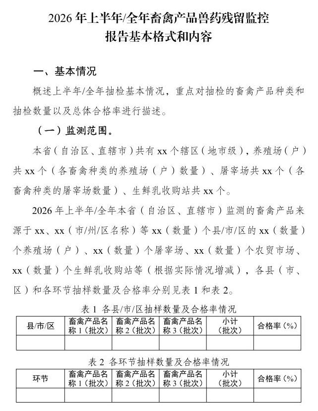农业农村部发布2026年畜禽产品兽药残留监控计划