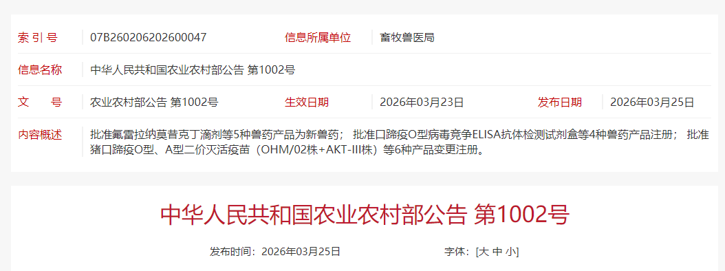 喜报！齐鲁、易邦、天康和中牧等企业申请的5种兽药产品获得新兽药证书（农业农村部公告第1002号）