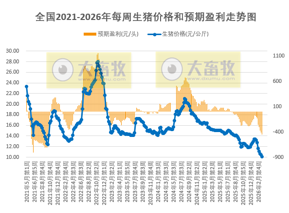 发改委发布2026年3月第4周猪粮比及猪价情况,生猪养殖头均亏损超450元,已连续8个月亏损