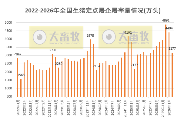 2026年2月全国生猪定点屠宰企业的屠宰量情况