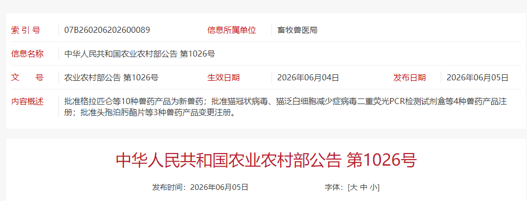 恭喜！中牧、普莱柯和瑞普等多家企业的新支减、圆支和伪狂犬等产品获得新兽药证书！